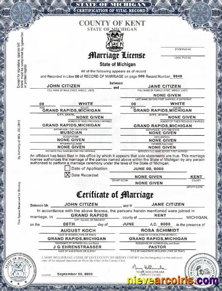 USA state Michigan Kent County marriage certificate